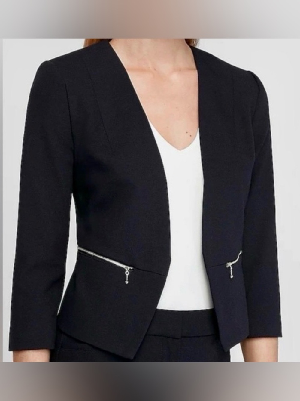 NWT: Express Black Zip Pocket Cutaway Blazer Collarless Jacket Size 10
